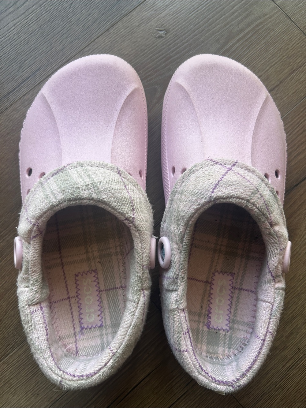 CROCS Light Pink Slip-On Clogs with Plaid Fabric Trim !! Size 10